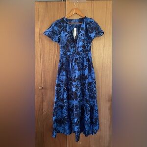 NWT Anthropology Blue Floral Dress with Short Sleeves